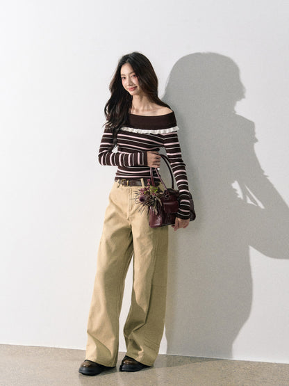 Lafreedom LAF350820&amp;LAF350821 Off shoulder round neck knitted top + pants set