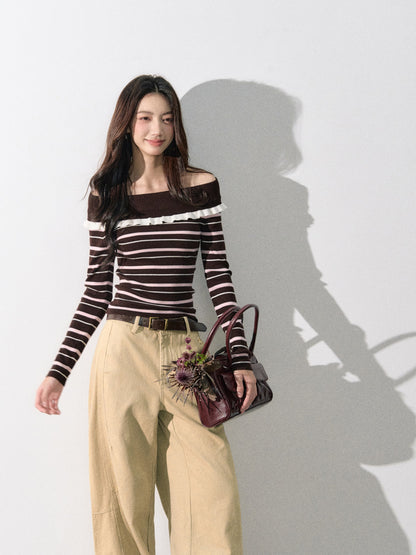 Lafreedom LAF350820&amp;LAF350821 Off shoulder round neck knitted top + pants set