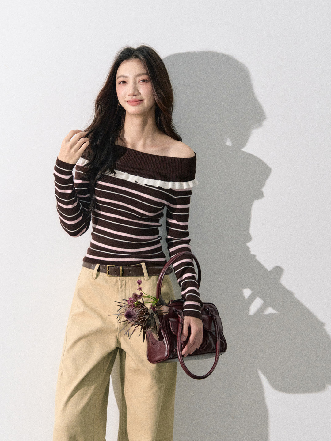 Lafreedom LAF350820&amp;LAF350821 Off shoulder round neck knitted top + pants set