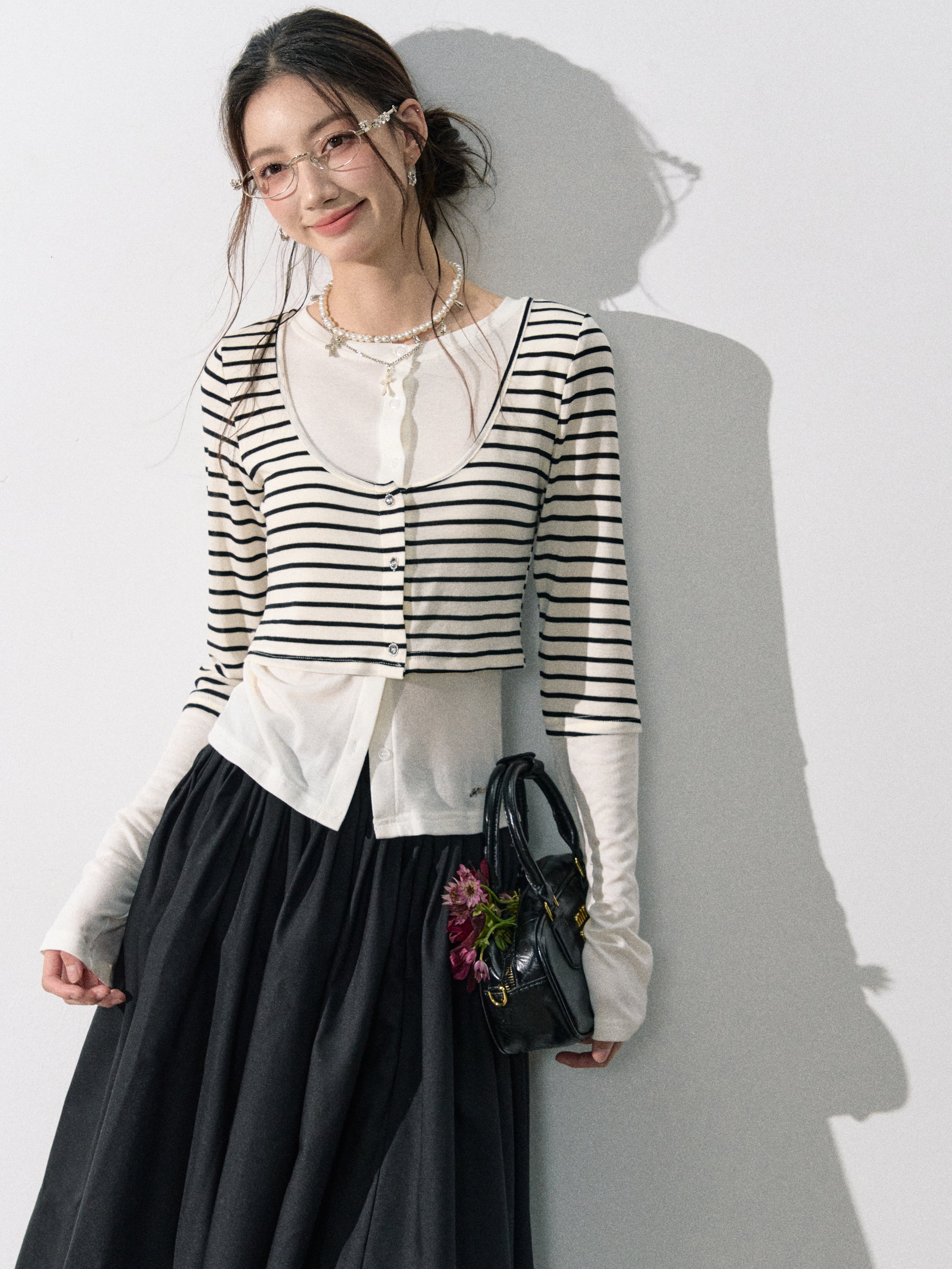 Lafreedom LAF350808 Splicing fake two striped long sleeves top