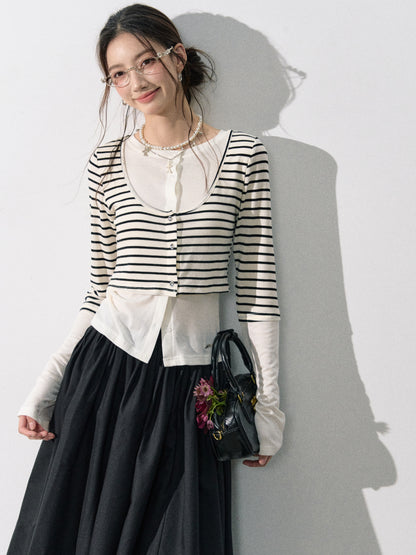 Lafreedom LAF350808 Splicing fake two striped long sleeves top