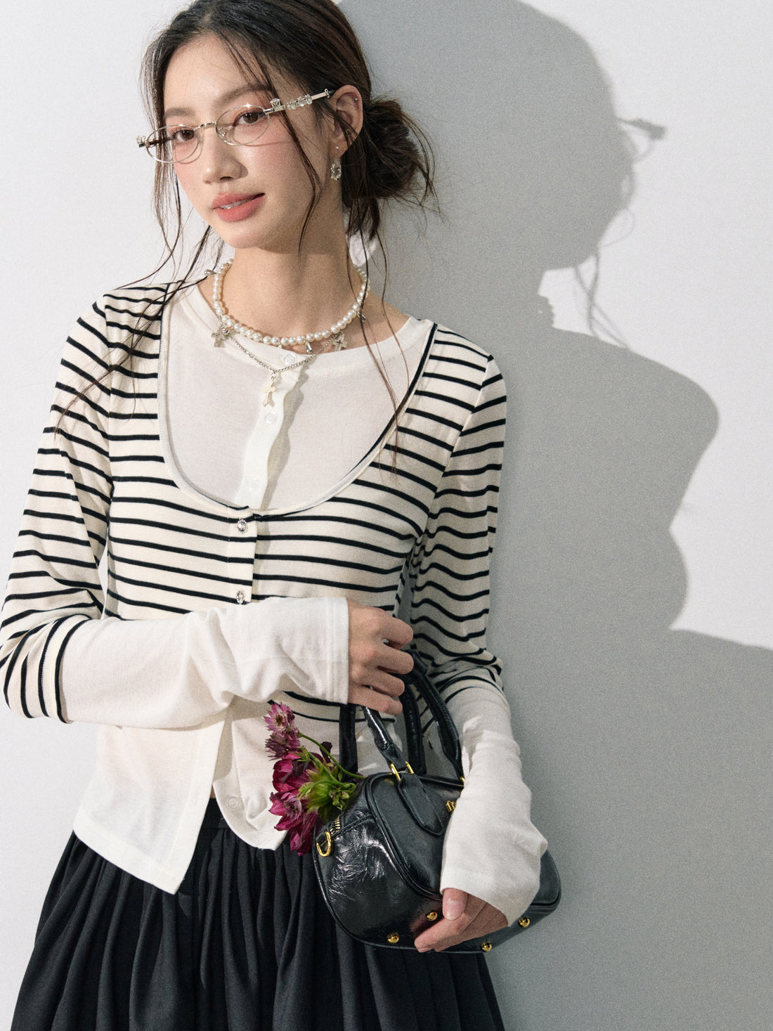 Lafreedom LAF350808 Splicing fake two striped long sleeves top