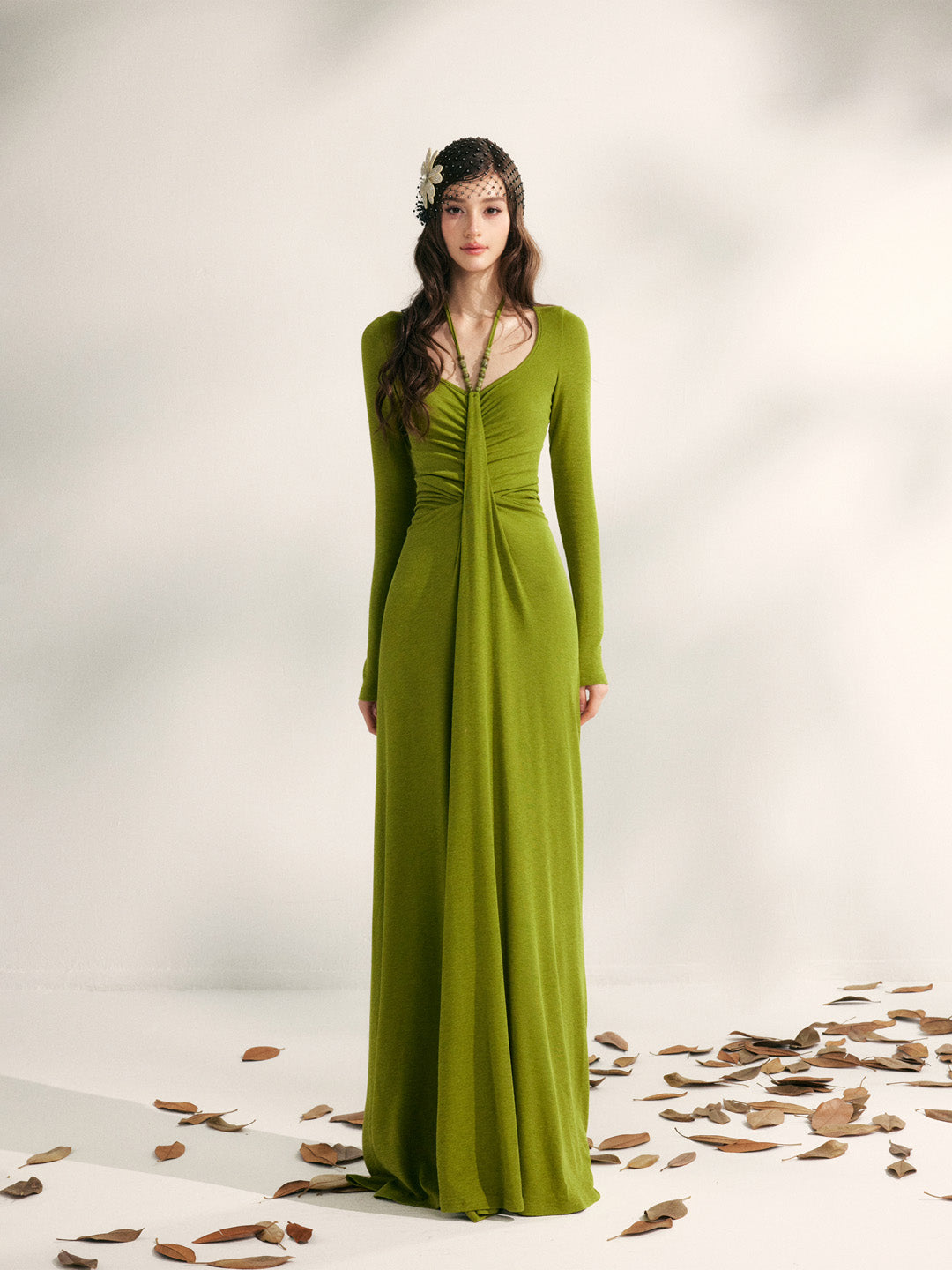 YZZI HE French style pleated waist cinching dress