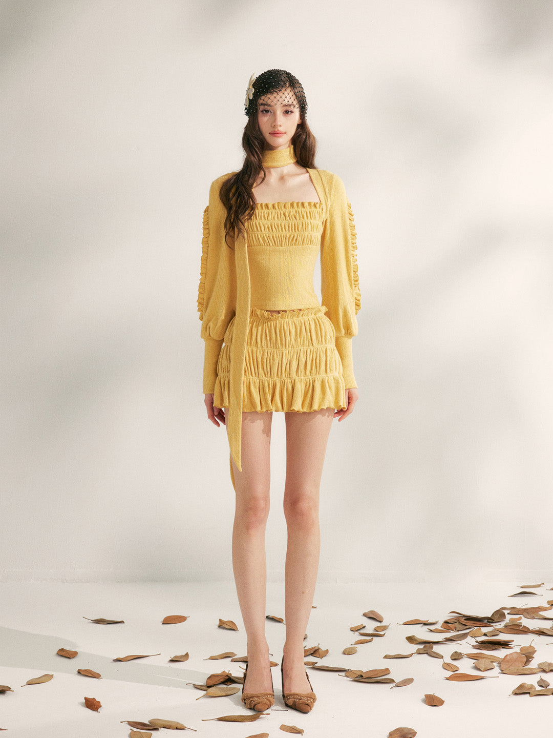 YZZI HE Pleated lace knitted top + skirt set