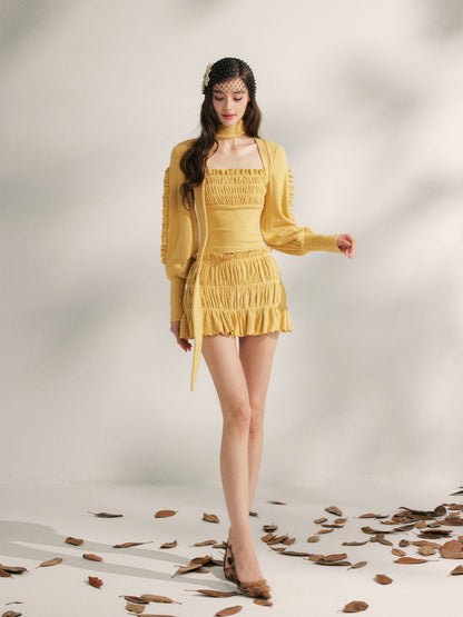 YZZI HE Pleated lace knitted top + skirt set