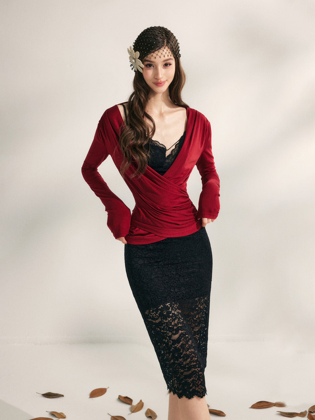 YZZI HE V-neck pleated waist cinching top