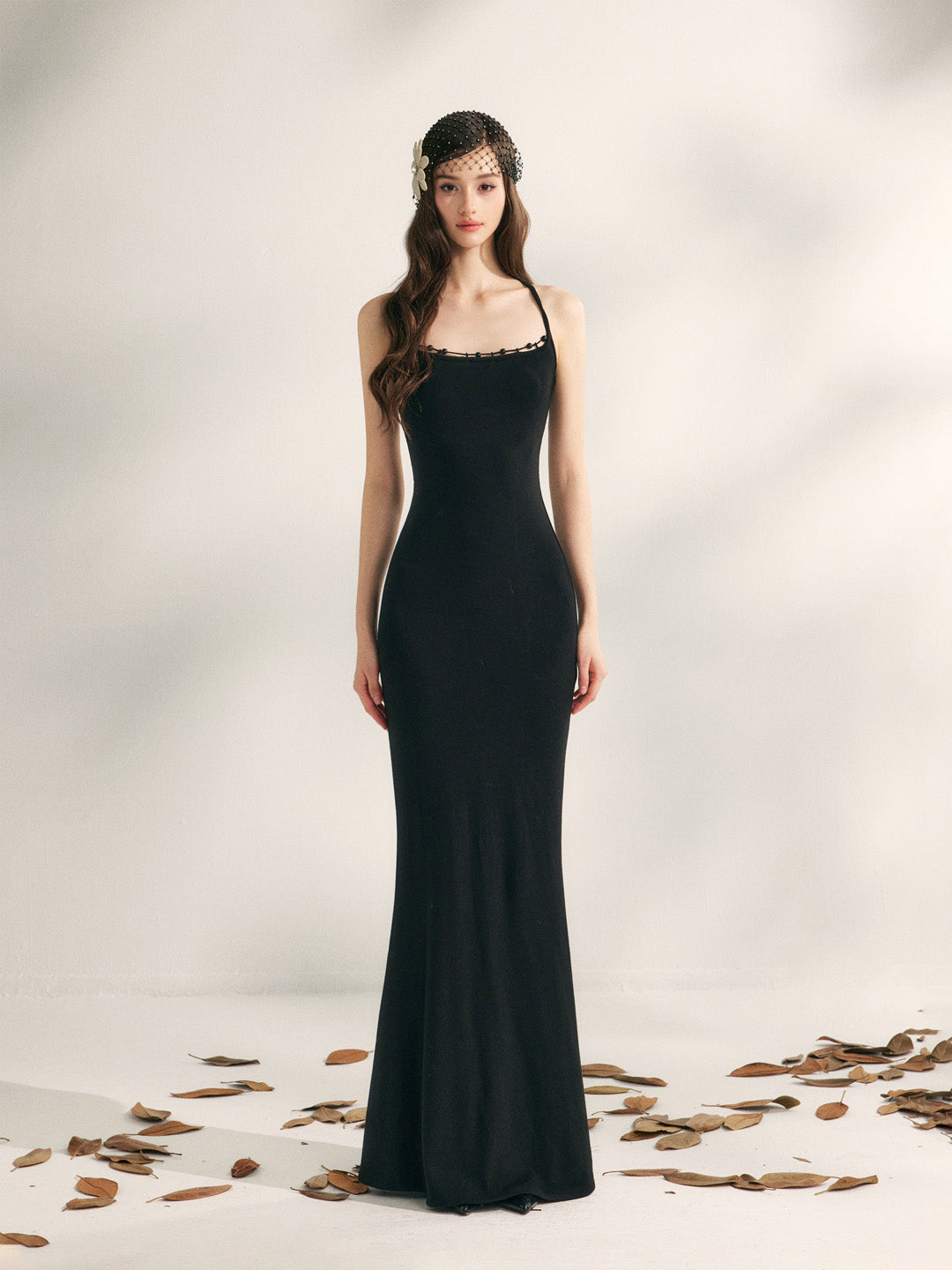 YZZI HE Beaded halter neck knitted fishtail maxi dress