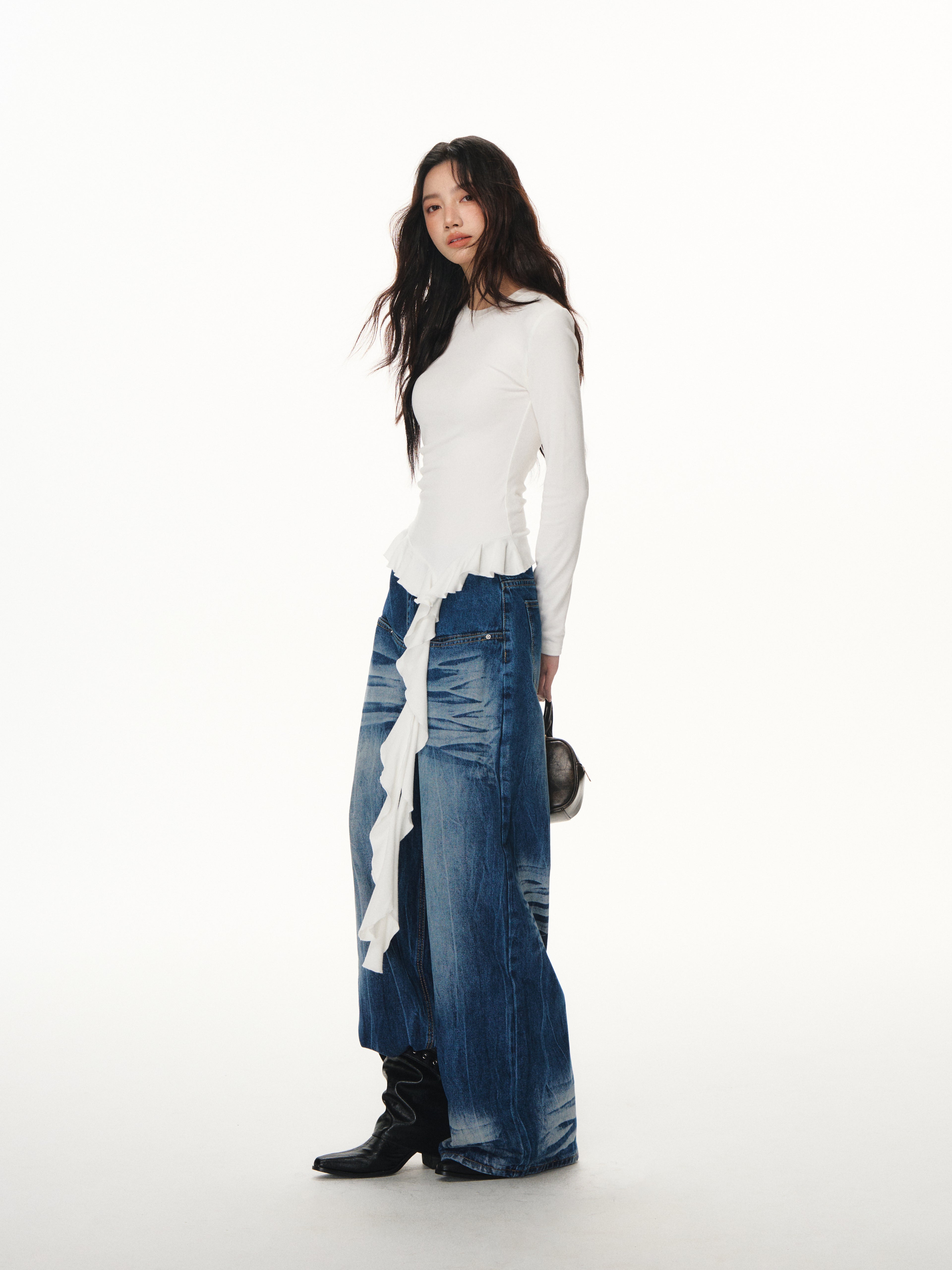 Lafreedom LAF351101 Ruffle ribbon base long sleeved Tee