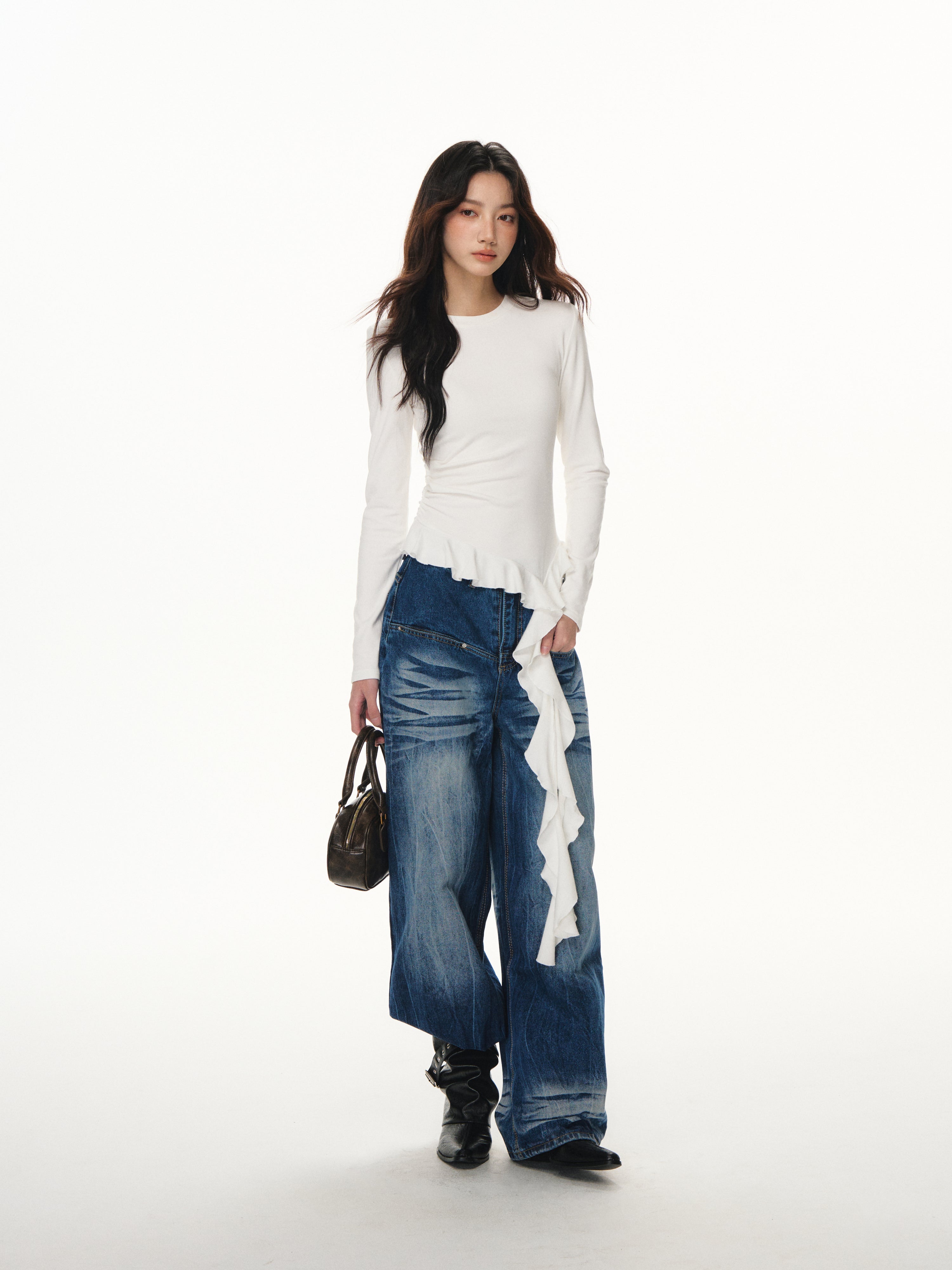 Lafreedom LAF351101 Ruffle ribbon base long sleeved Tee