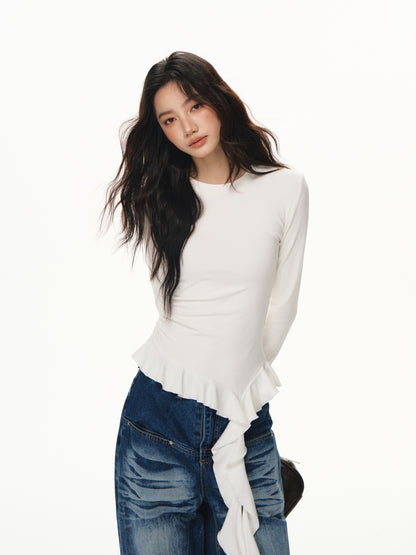 Lafreedom LAF351101 Ruffle ribbon base long sleeved Tee