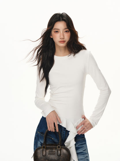 Lafreedom LAF351101 Ruffle ribbon base long sleeved Tee