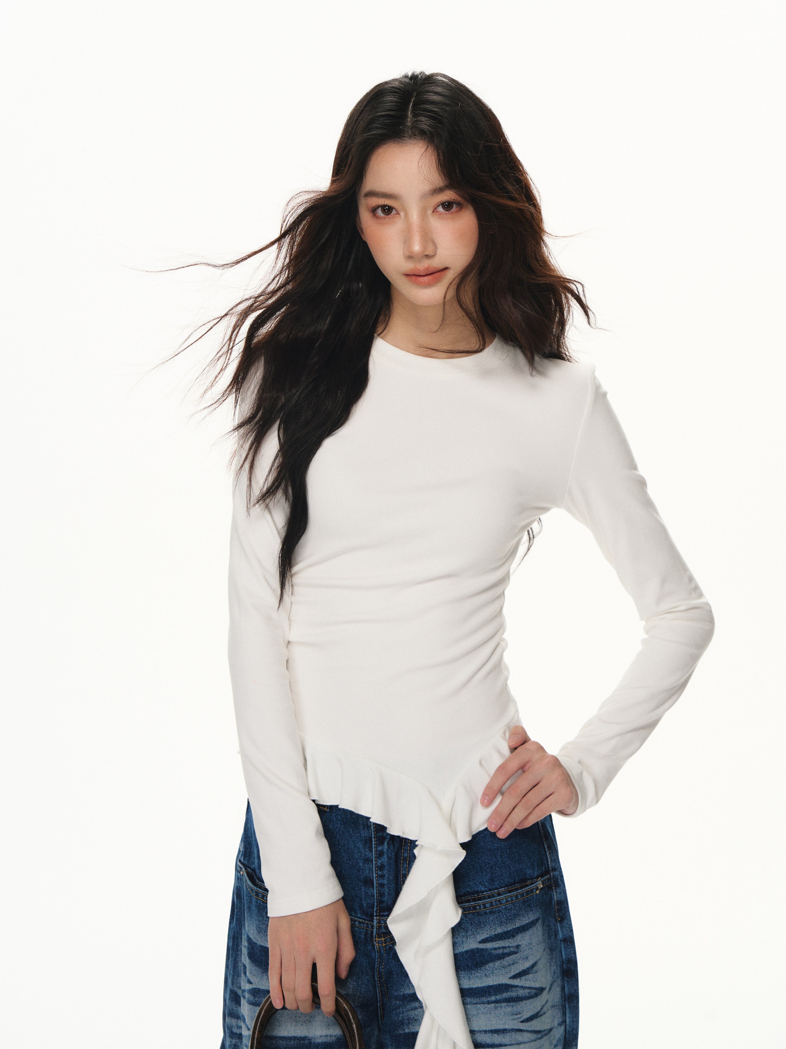 Lafreedom LAF351101 Ruffle ribbon base long sleeved Tee