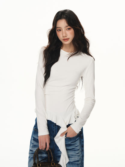 Lafreedom LAF351101 Ruffle ribbon base long sleeved Tee