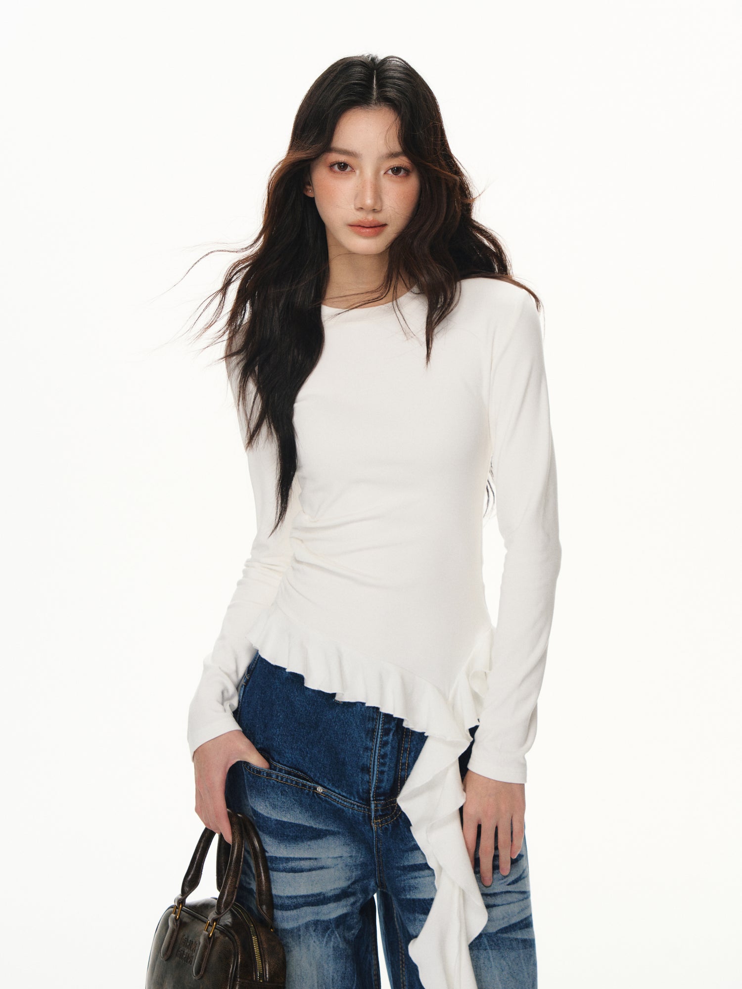 Lafreedom LAF351101 Ruffle ribbon base long sleeved Tee