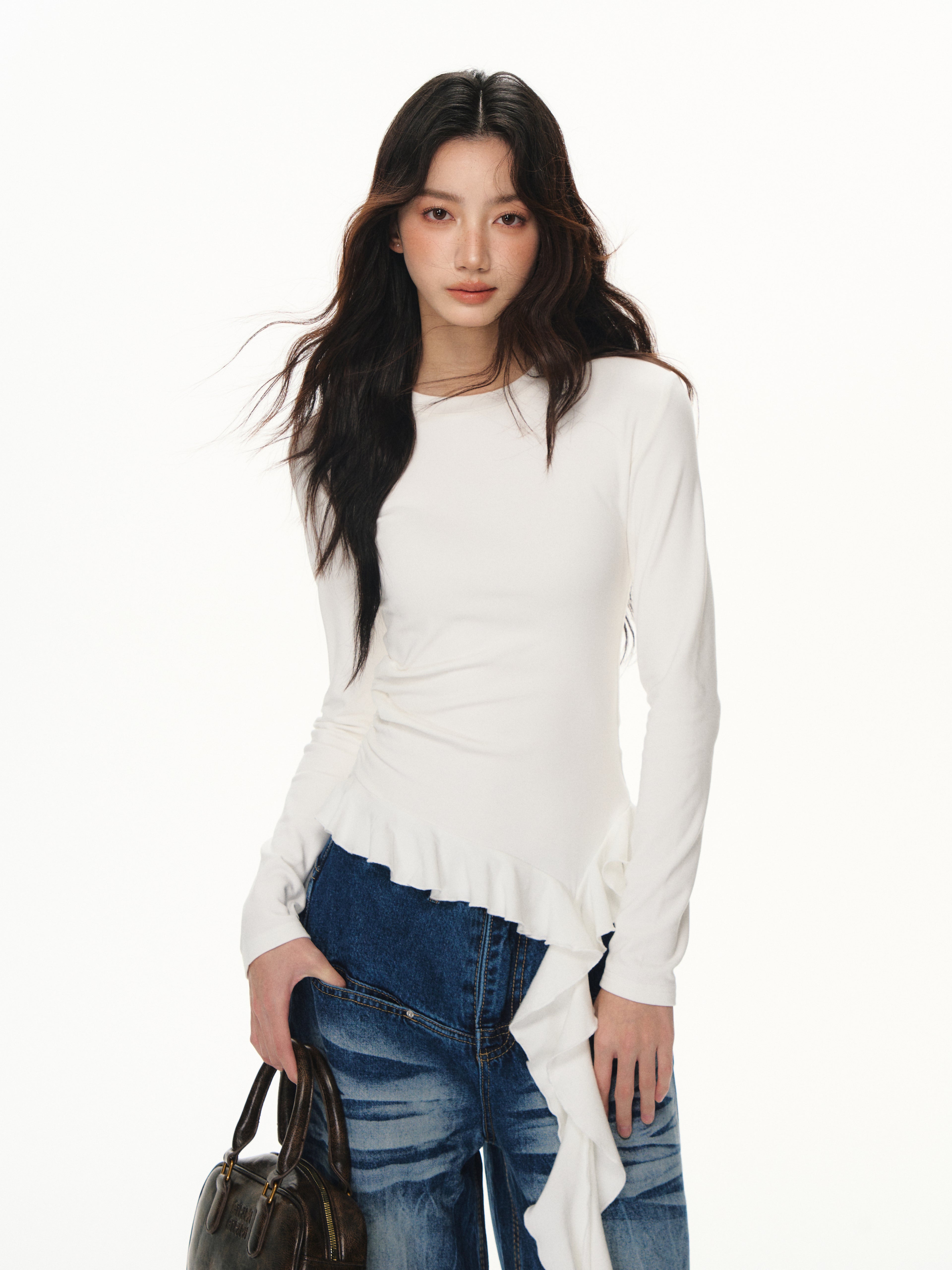 Lafreedom LAF351101 Ruffle ribbon base long sleeved Tee