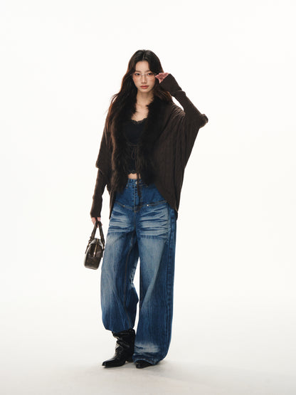 Lafreedom LAF351107 Lazy style patchwork fur collar bat sleeve knitted cardigan