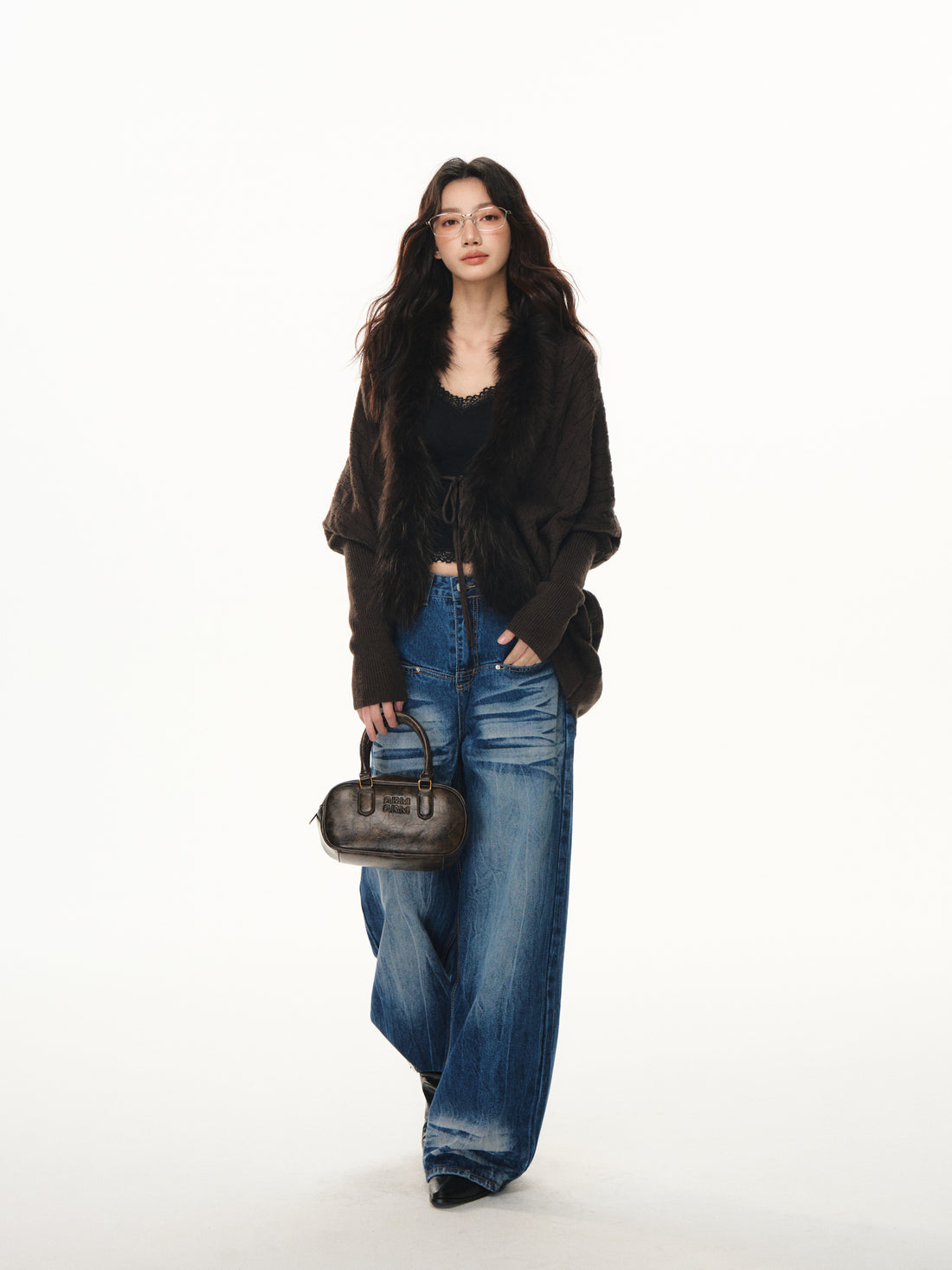 Lafreedom LAF351107 Lazy style patchwork fur collar bat sleeve knitted cardigan