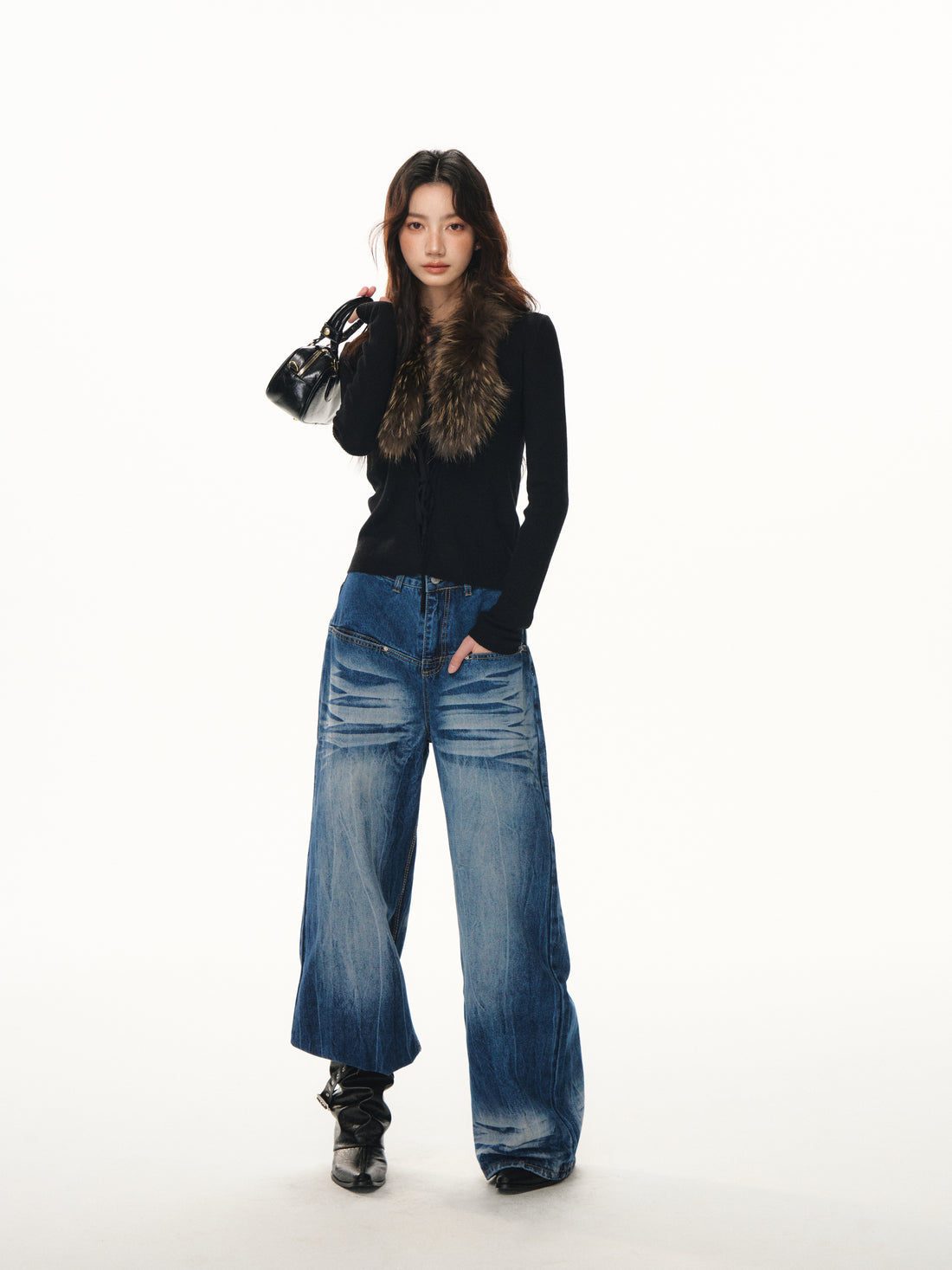 Lafreedom LAF351105 Vintage fur collar strap slimming knit cardigan