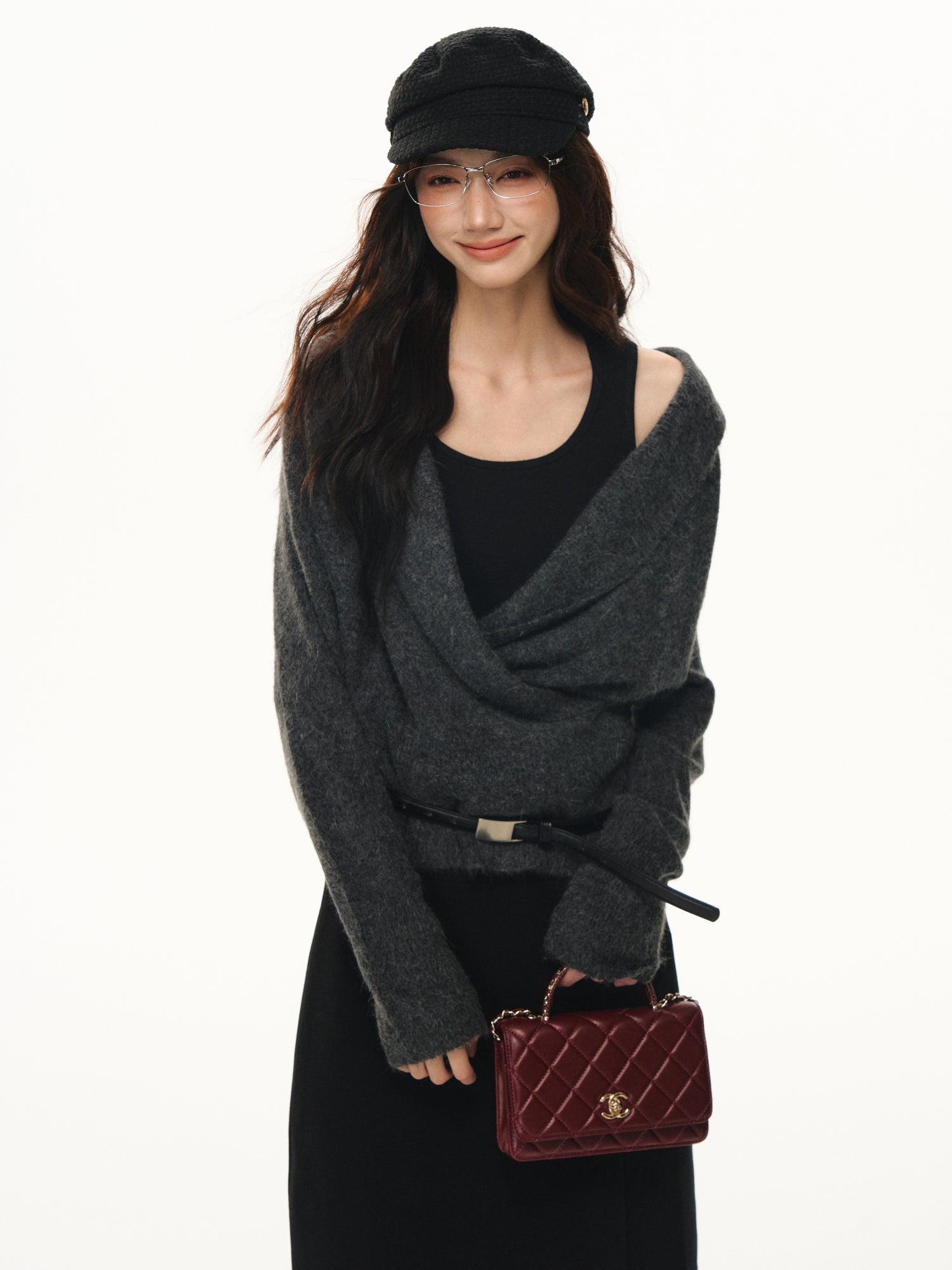 Lafreedom LAF351108 Swinging collar cross wool knitted two-piece set