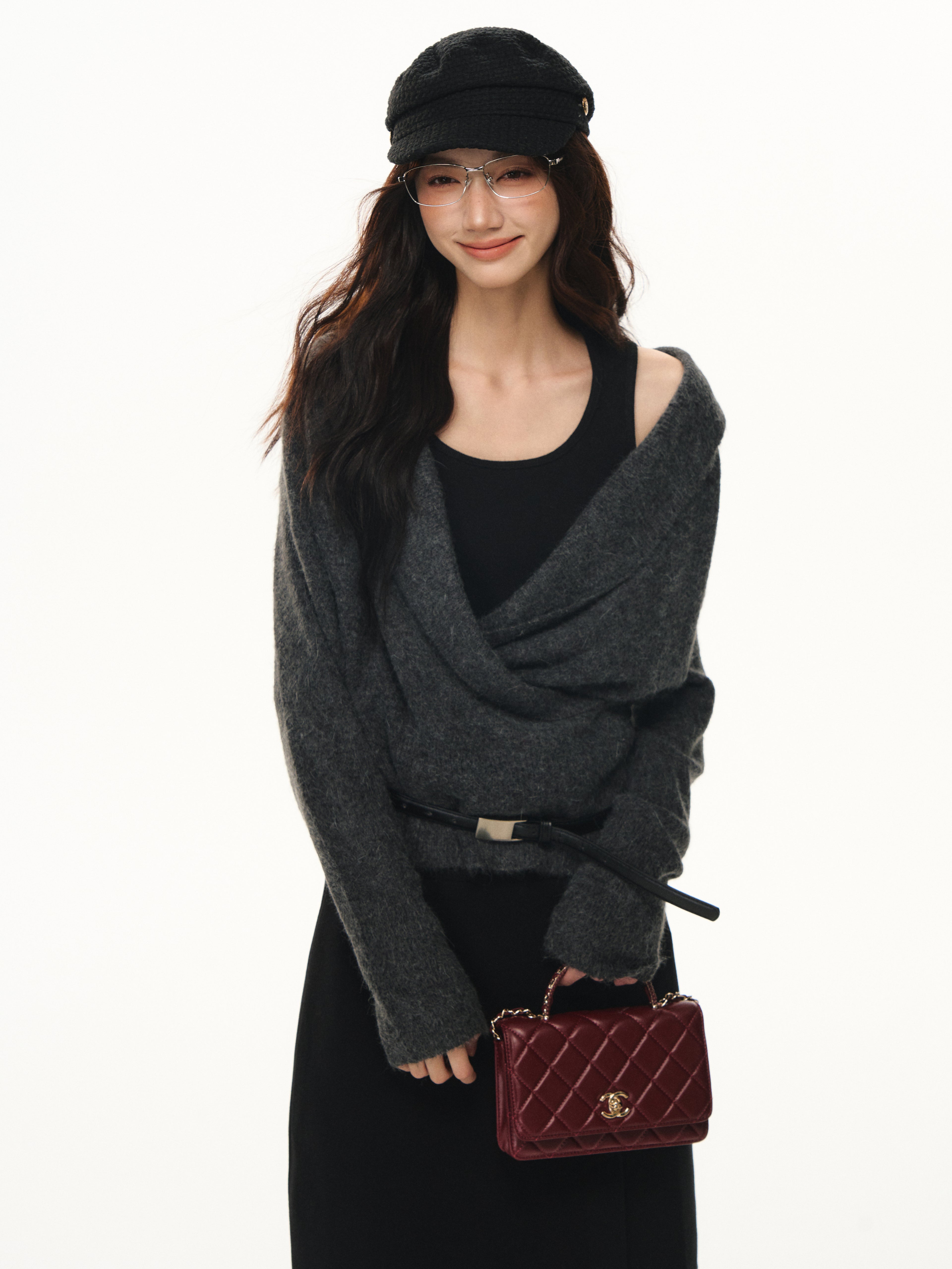 Lafreedom LAF351108 Swinging collar cross wool knitted two-piece set