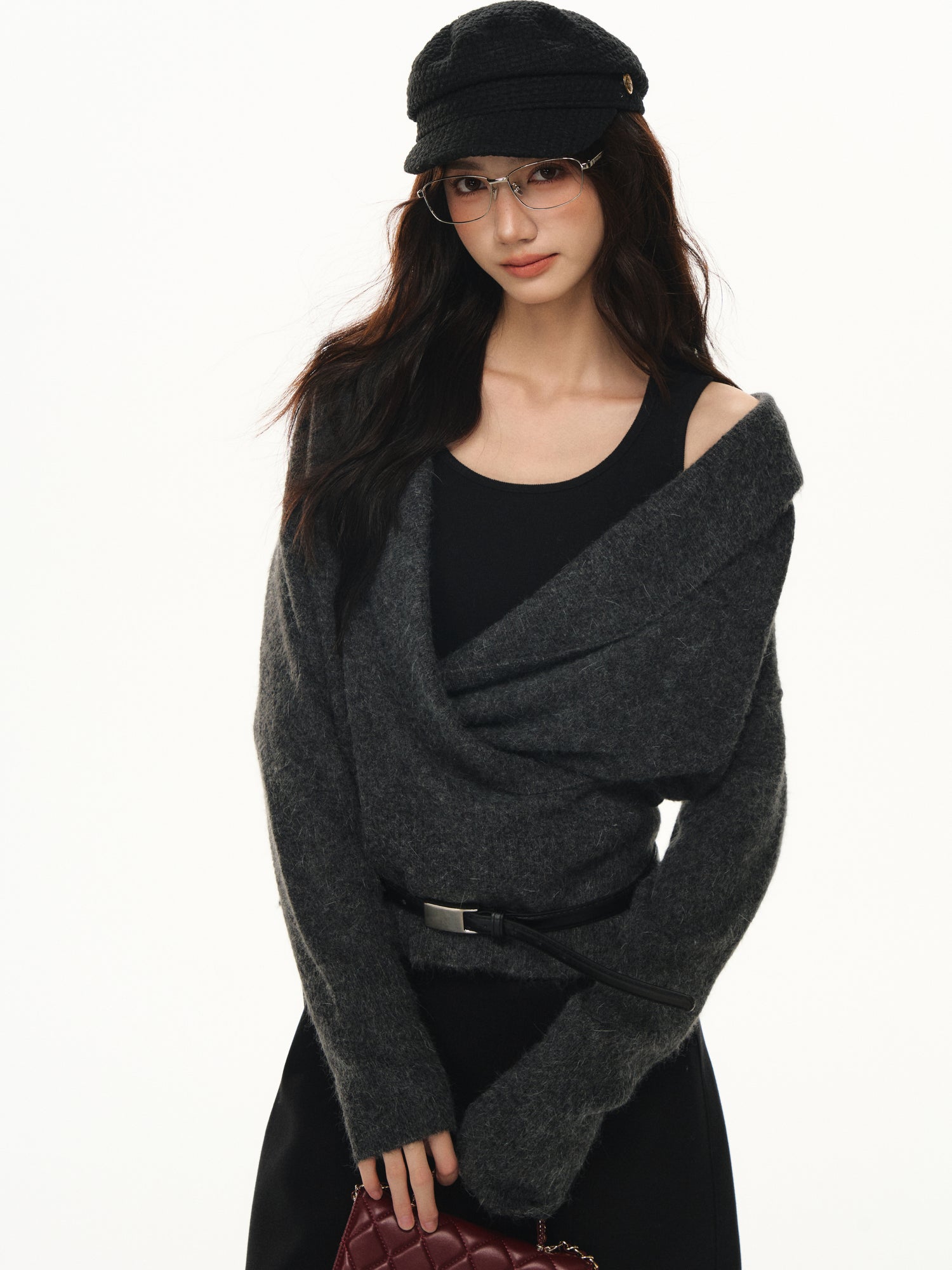 Lafreedom LAF351108 Swinging collar cross wool knitted two-piece set