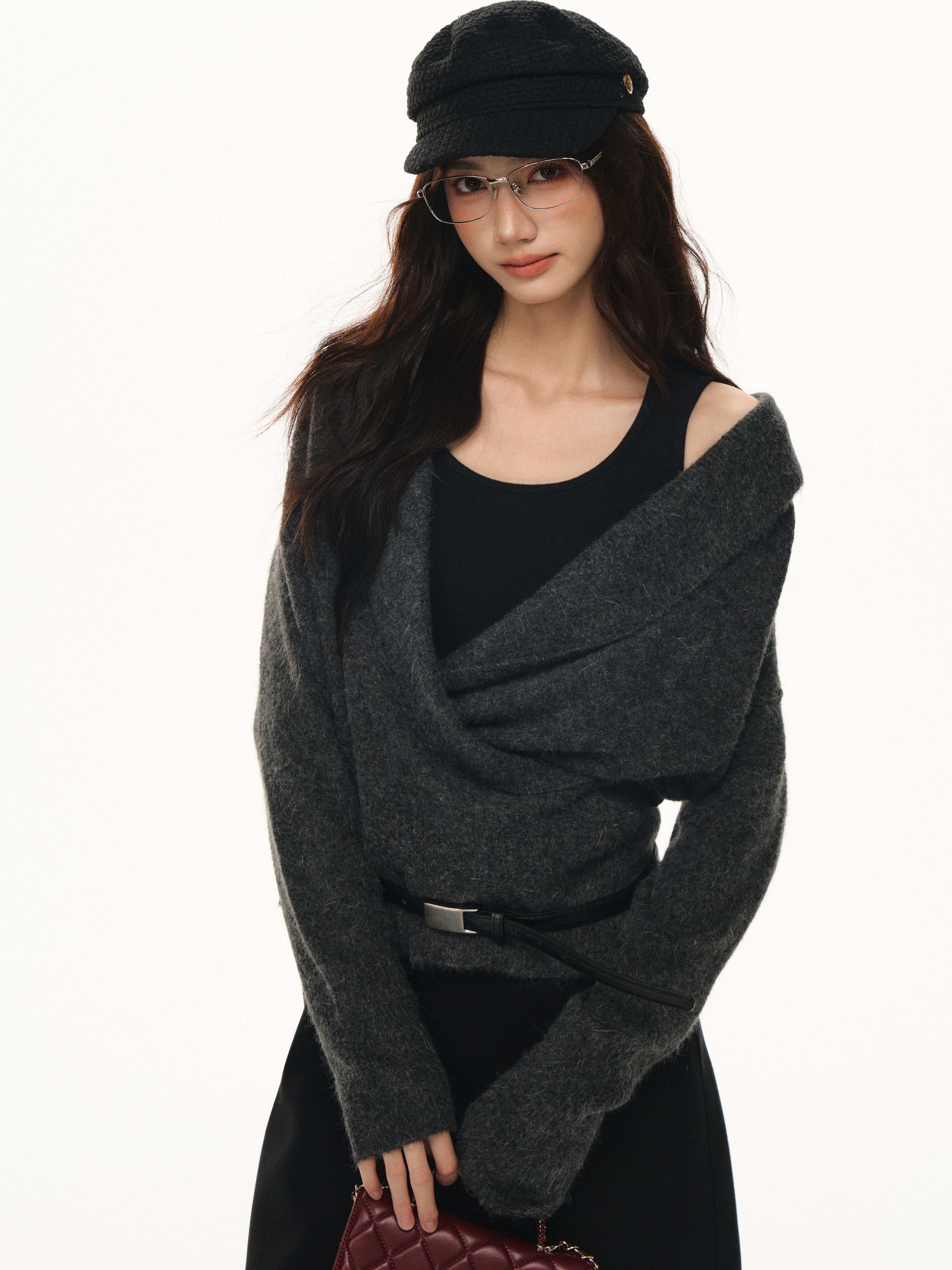 Lafreedom LAF351108 Swinging collar cross wool knitted two-piece set