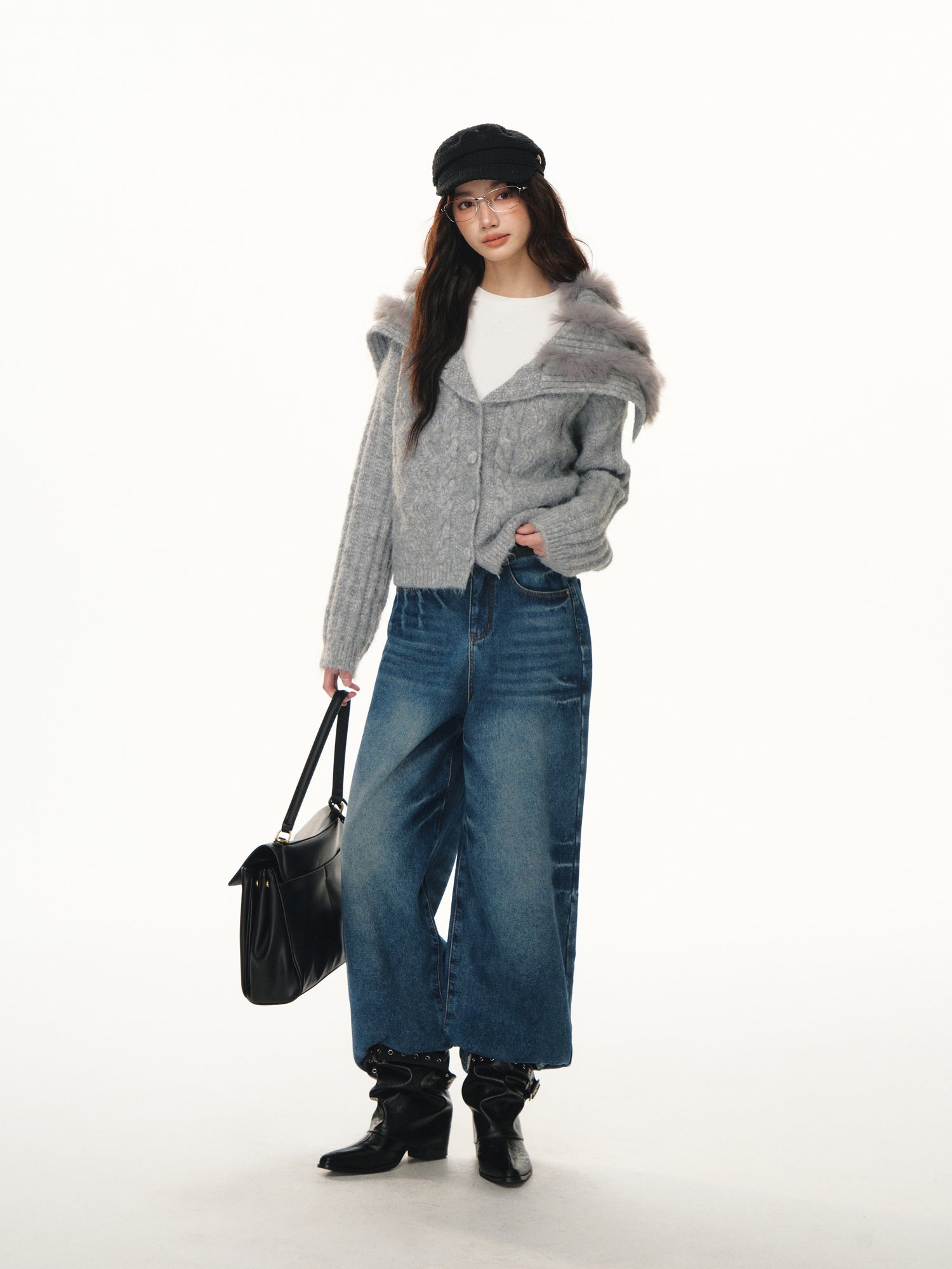 Lafreedom LAF351103 Navy collar spliced woolen knitted cardigan