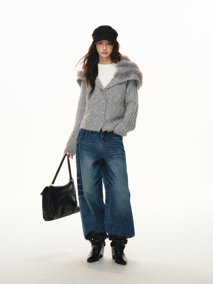 Lafreedom LAF351103 Navy collar spliced woolen knitted cardigan