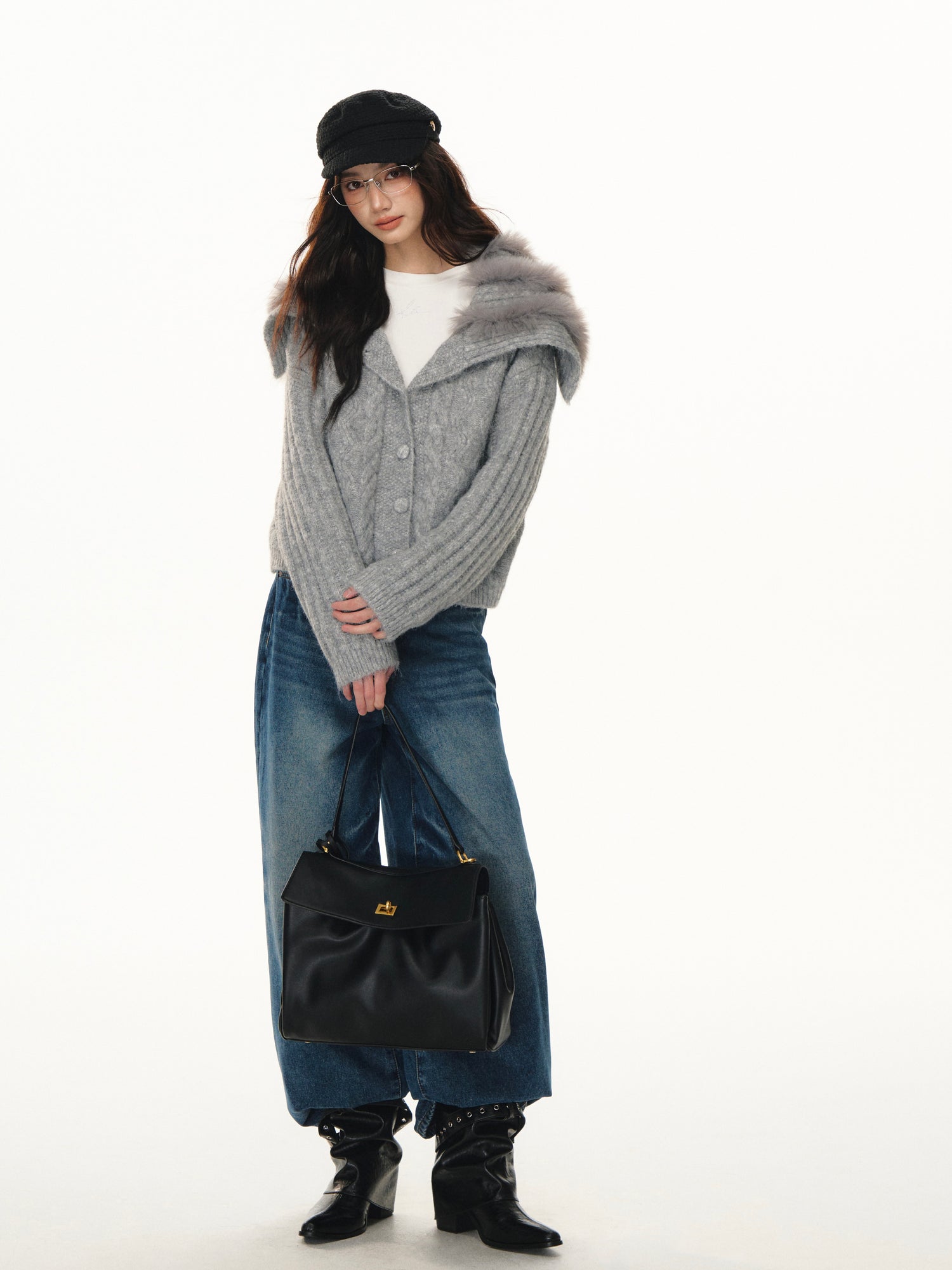 Lafreedom LAF351103 Navy collar spliced woolen knitted cardigan