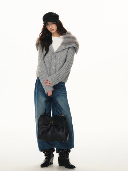 Lafreedom LAF351103 Navy collar spliced woolen knitted cardigan