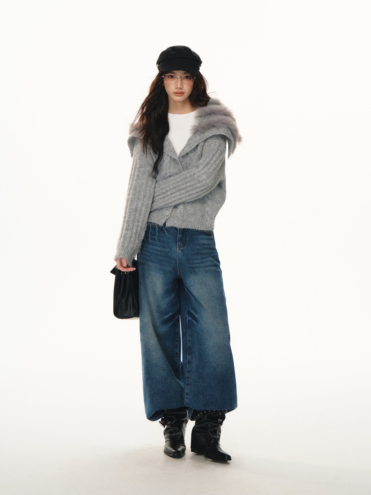 Lafreedom LAF351103 Navy collar spliced woolen knitted cardigan