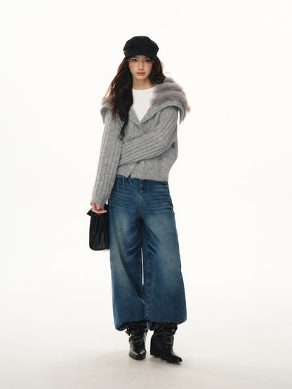 Lafreedom LAF351103 Navy collar spliced woolen knitted cardigan