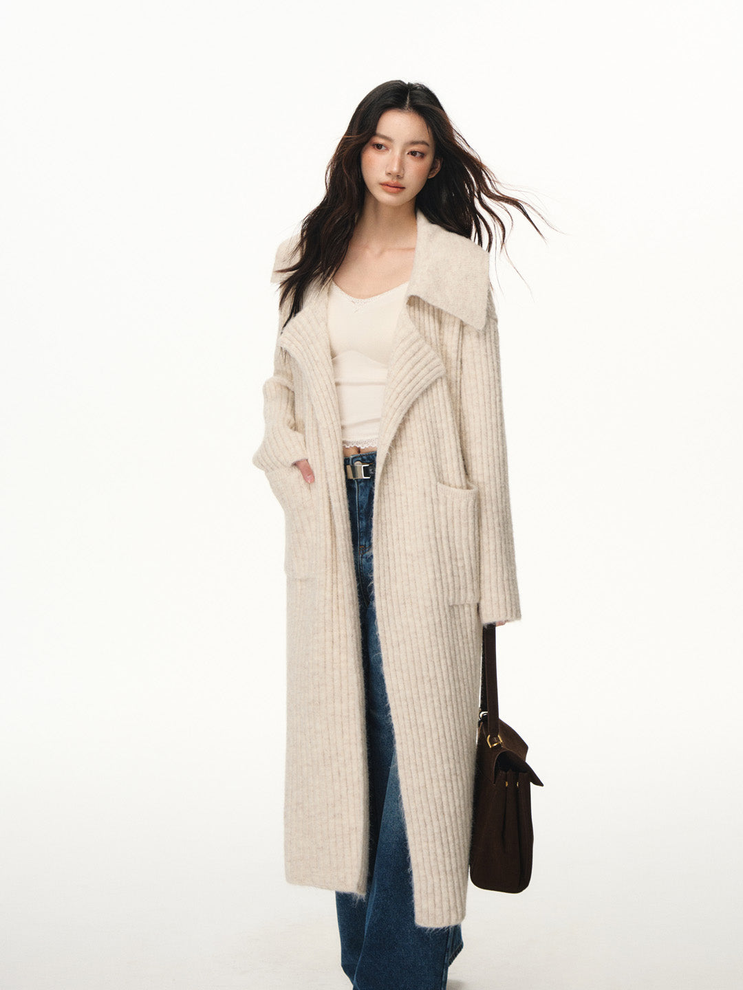 Lafreedom LAF351113 Large collar alpaca wool knitted cardigan