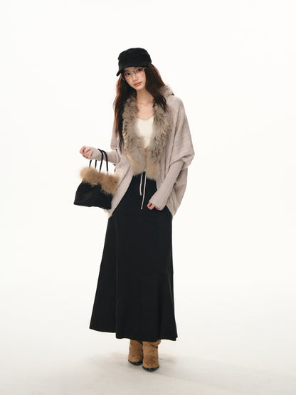 Lafreedom LAF351107 Lazy style patchwork fur collar bat sleeve knitted cardigan