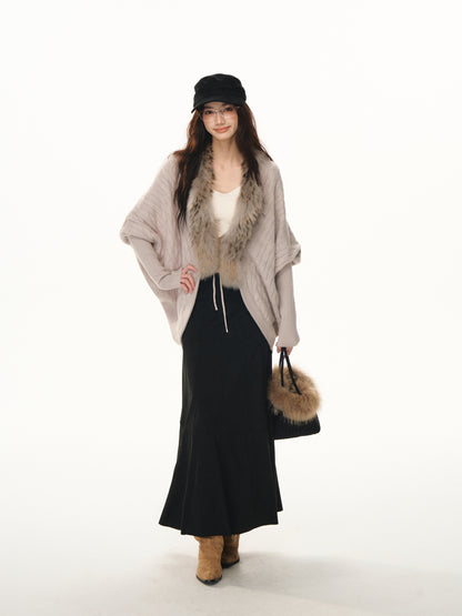Lafreedom LAF351107 Lazy style patchwork fur collar bat sleeve knitted cardigan