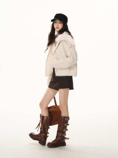 Lafreedom LAF351103 Navy collar spliced woolen knitted cardigan