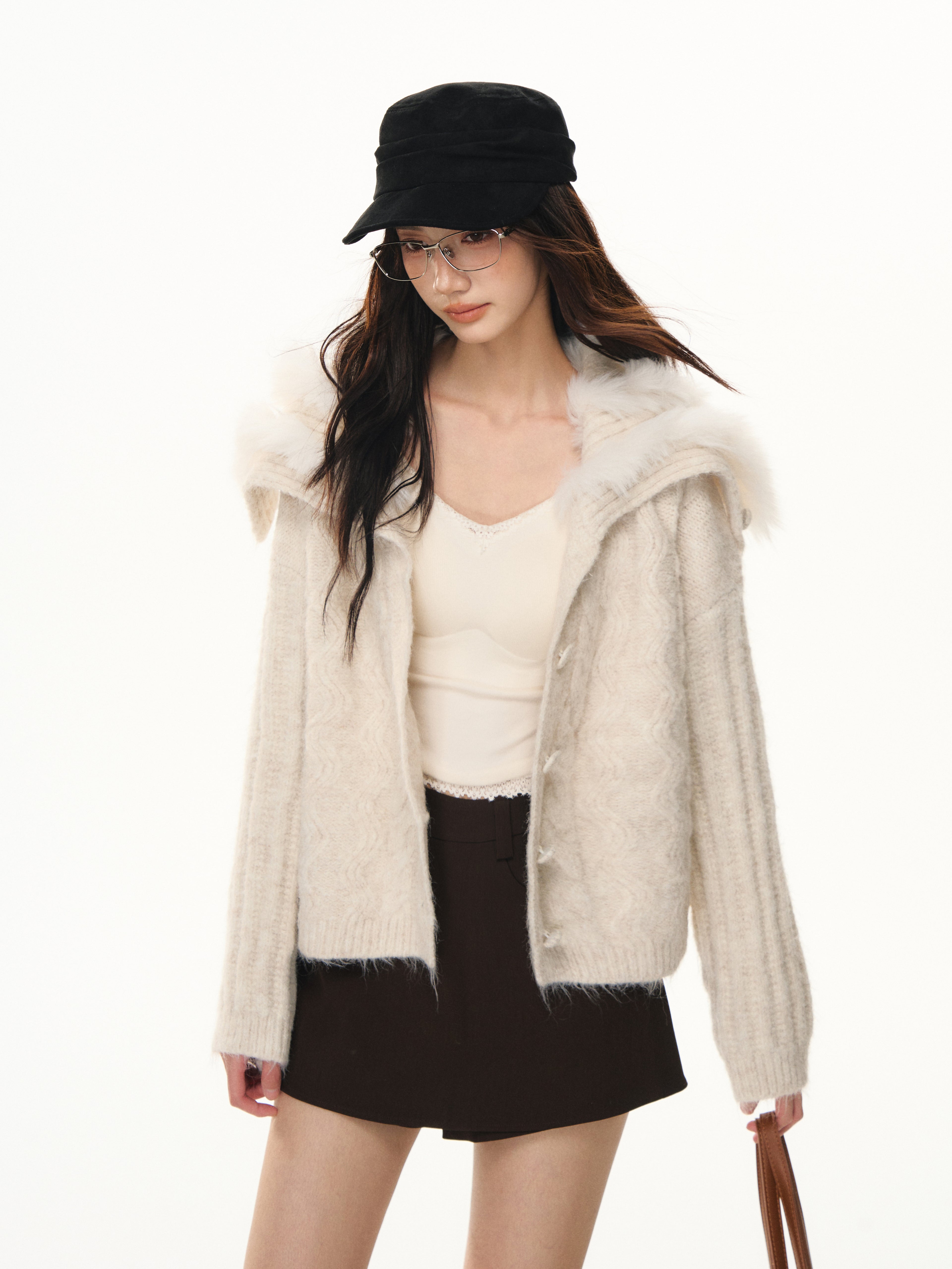 Lafreedom LAF351103 Navy collar spliced woolen knitted cardigan