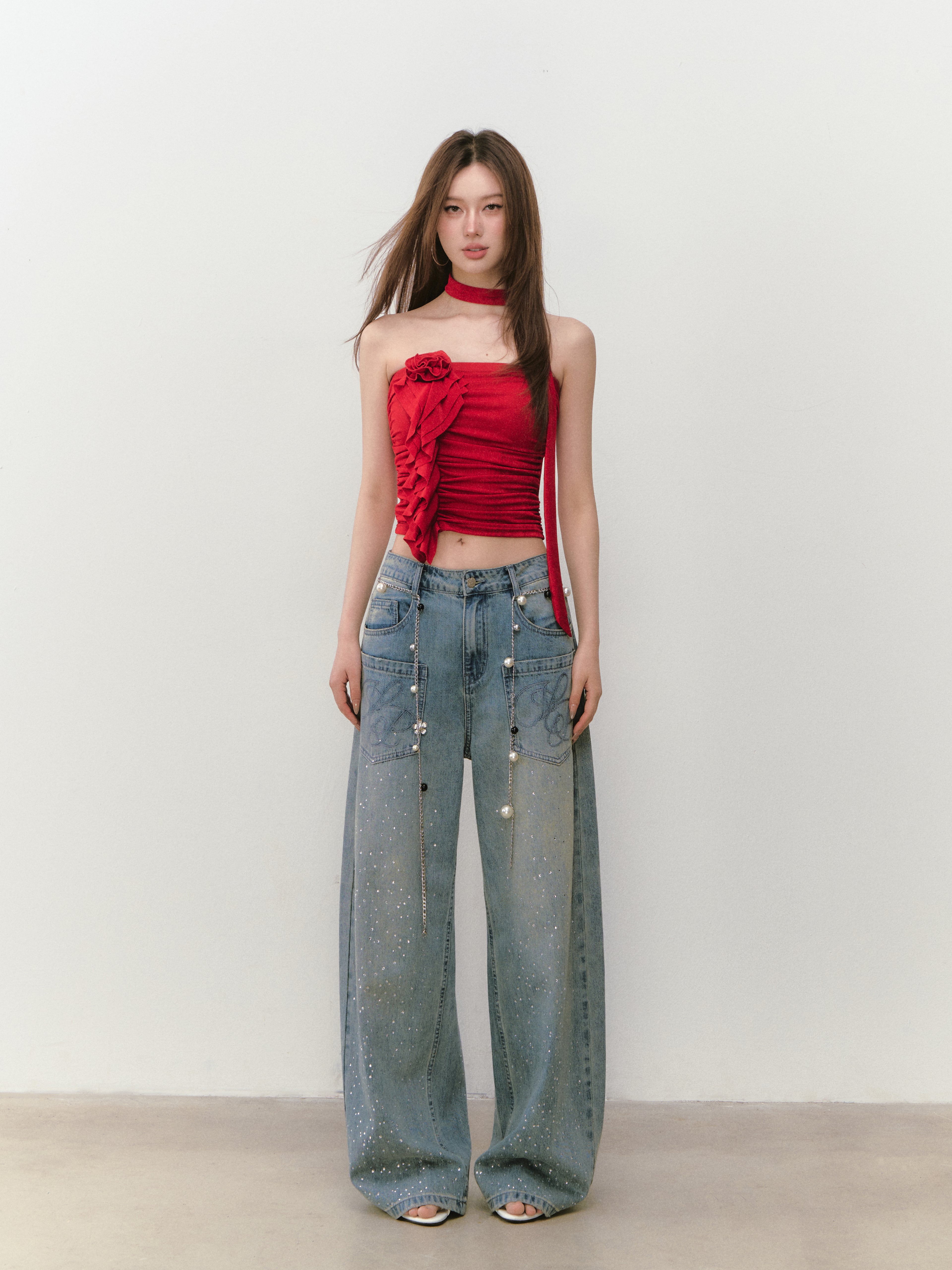 VIA PITTI VIABTP302 Pleated flower ribbon strapless vest