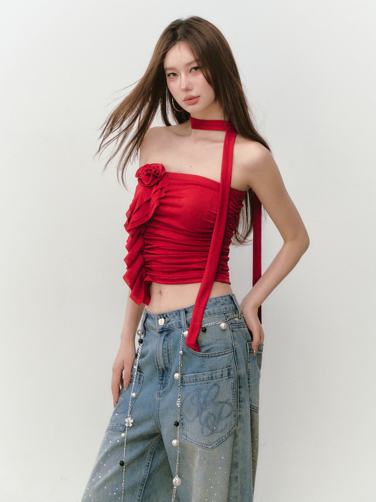 VIA PITTI VIABTP302 Pleated flower ribbon strapless vest