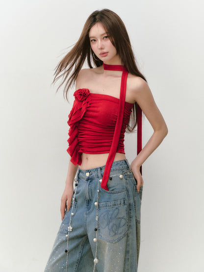 VIA PITTI VIABTP302 Pleated flower ribbon strapless vest