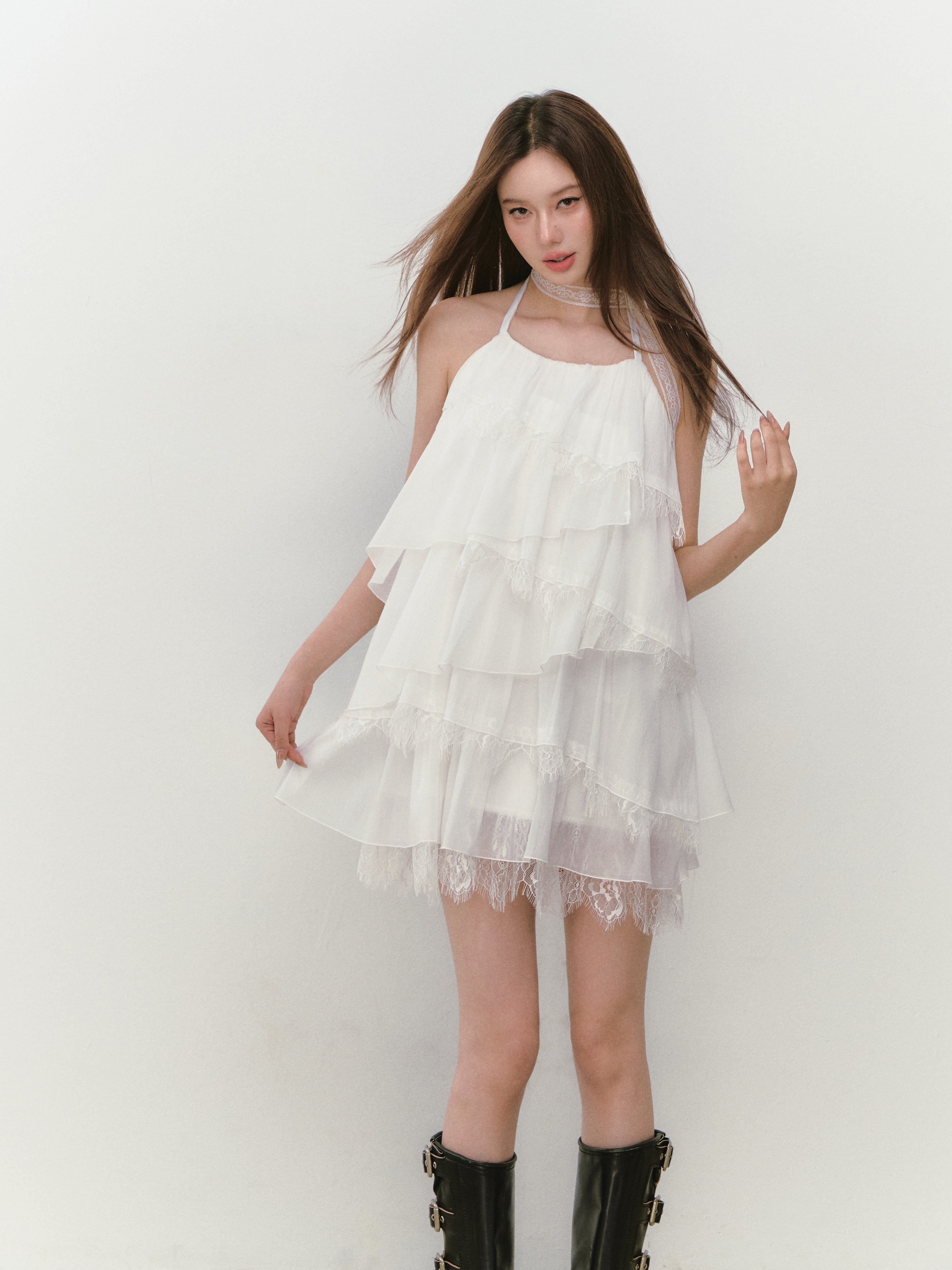 VIA PITTI VIABD335 Lace patchwork tiered dress