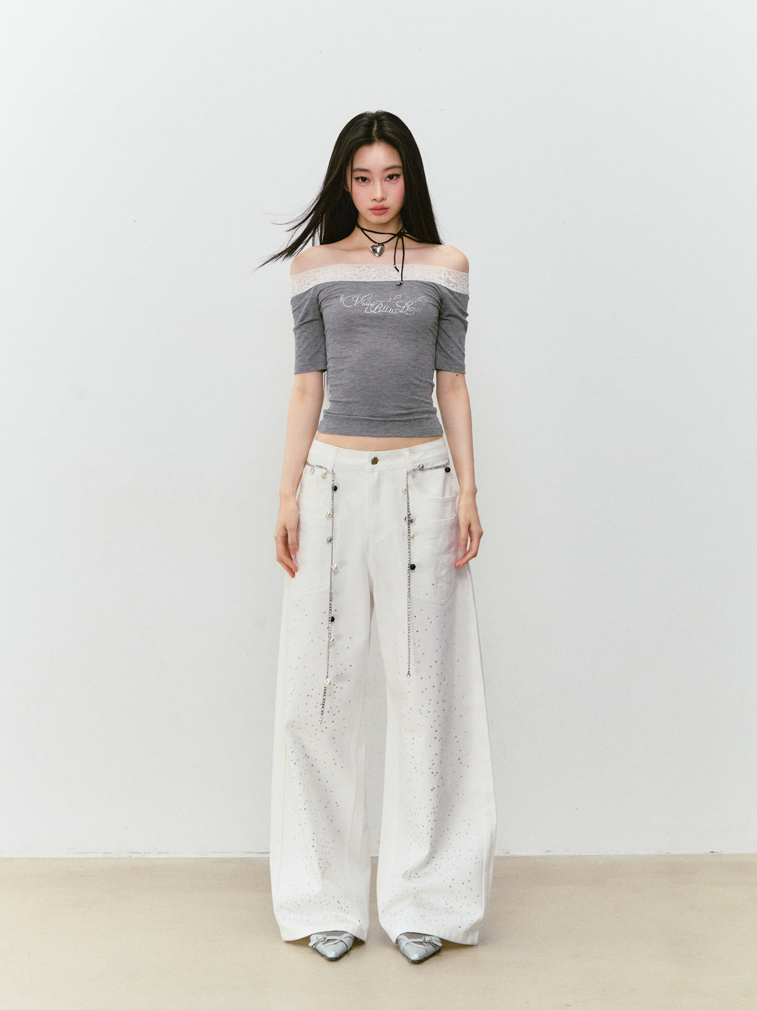 VIA PITTI VIABTP263 Lace patchwork rhinestone short sleeved T-shirt