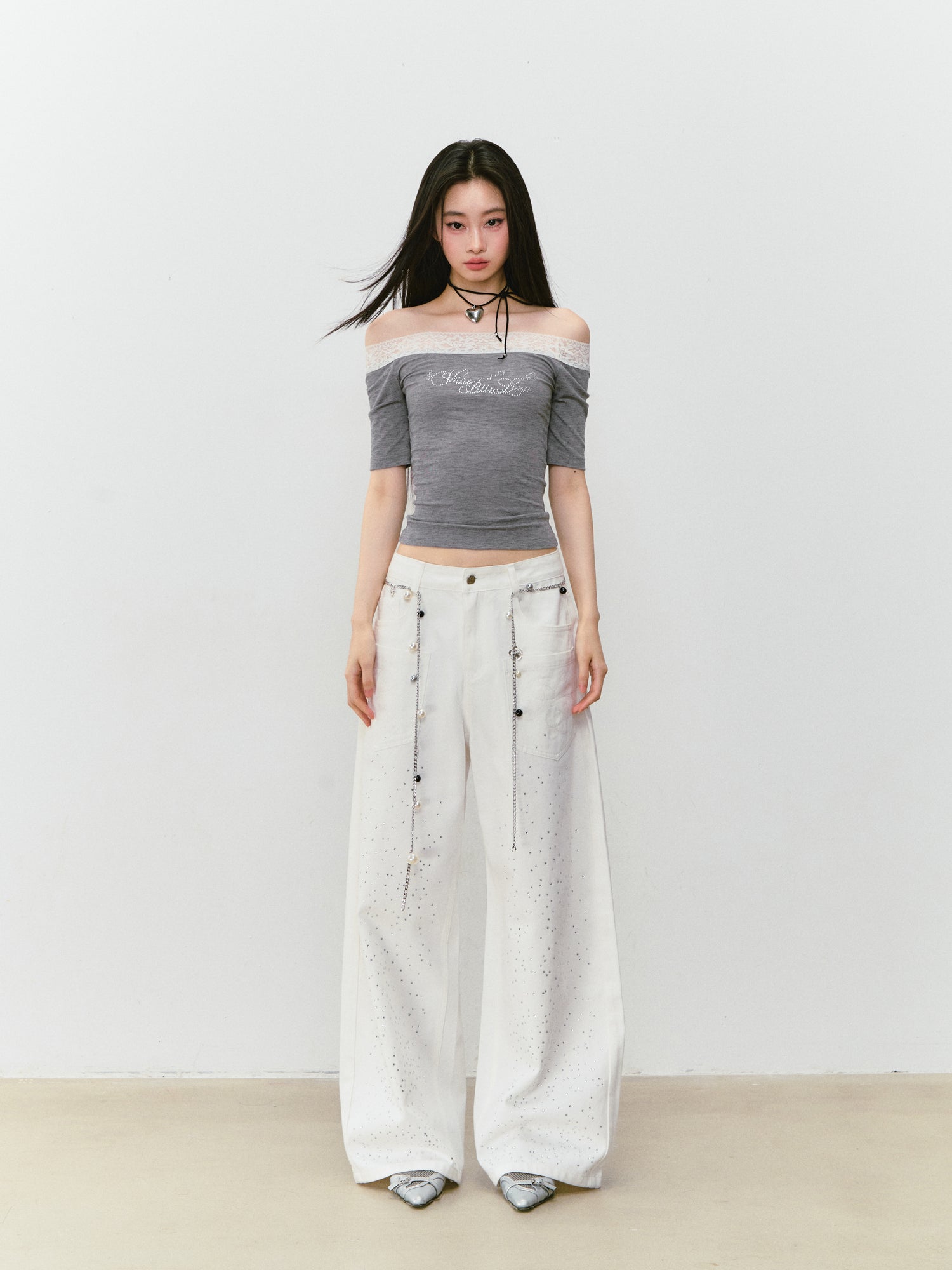 VIA PITTI VIABTP263 Lace patchwork rhinestone short sleeved T-shirt