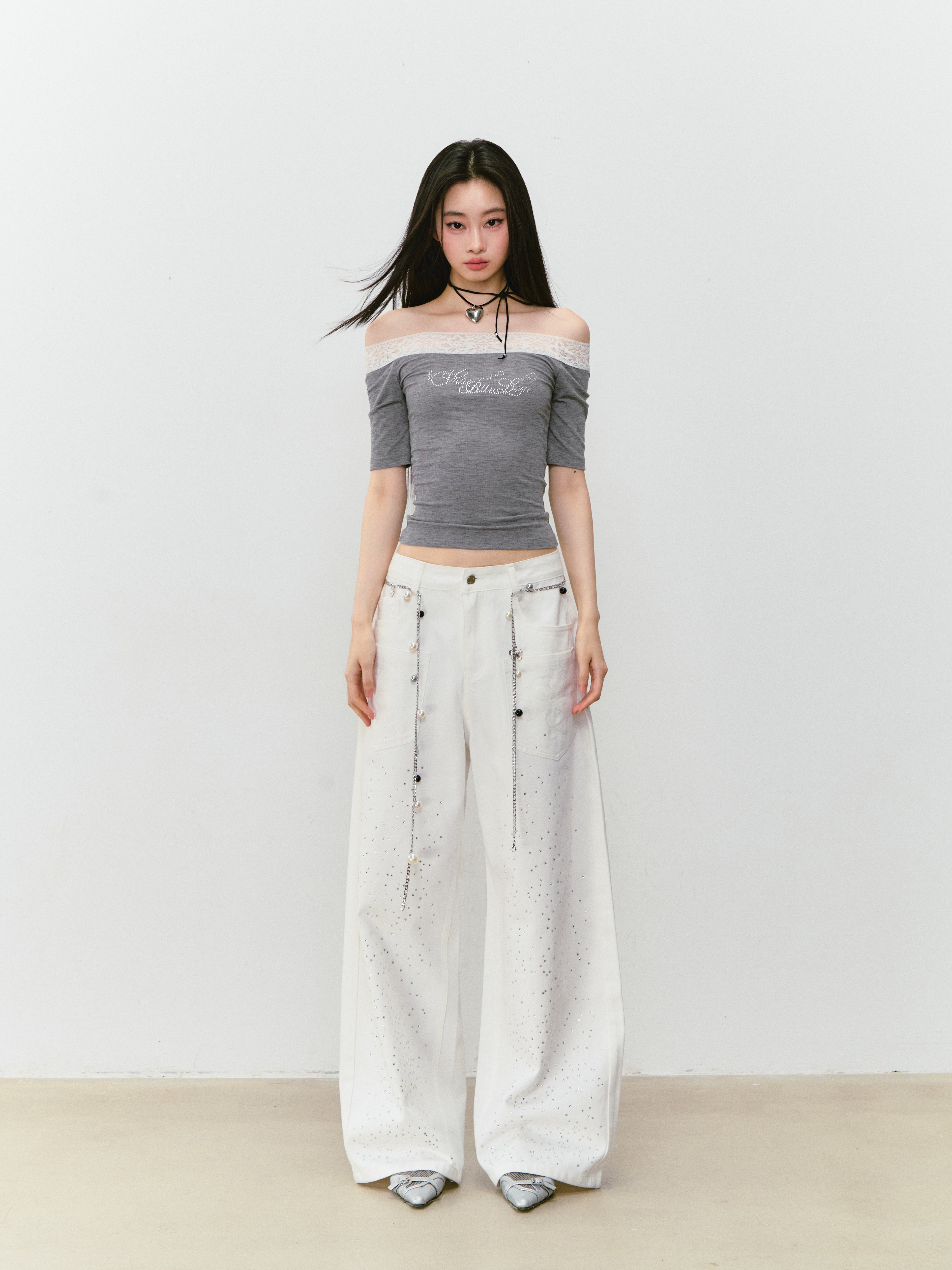 VIA PITTI VIABTP263 Lace patchwork rhinestone short sleeved T-shirt