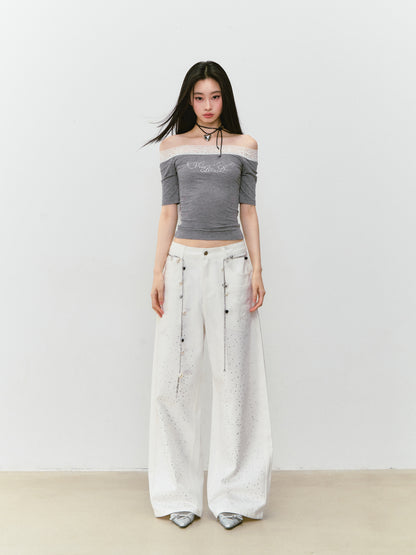 VIA PITTI VIABTP263 Lace patchwork rhinestone short sleeved T-shirt