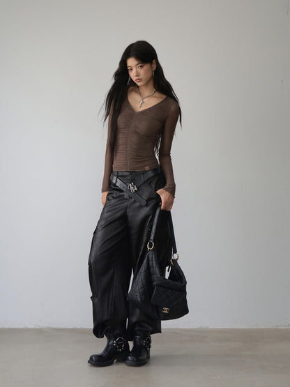 VIA PITTI VIABTP473 V-neck pleated mesh slim fit top