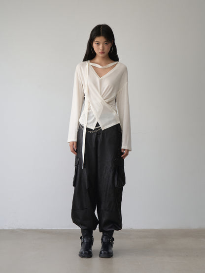 VIA PITTI VIABTP481 V-neck ribbon loose buckle T-shirt