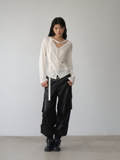 VIA PITTI VIABTP481 V-neck ribbon loose buckle T-shirt