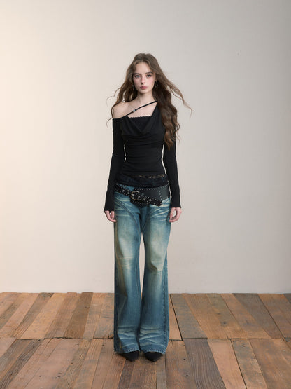 VIA PITTI VIACTP511 Fake two piece lace off shoulder beaded collar top