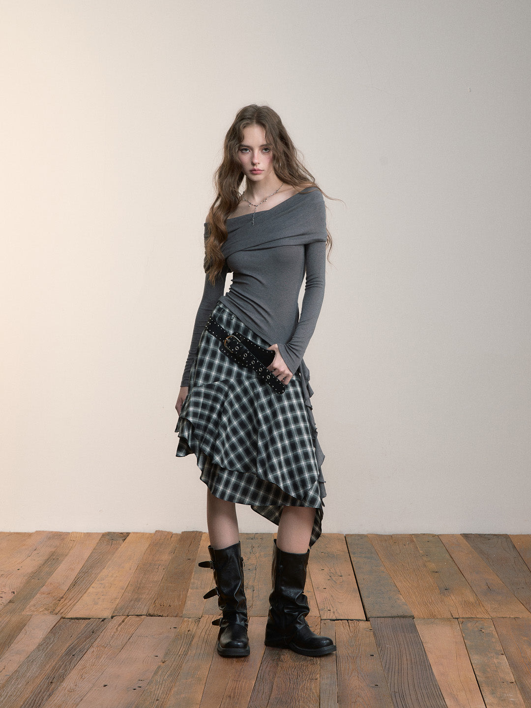 VIA PITTI VIACS524 Irregular retro plaid half skirt